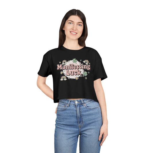 Manifesting Luck Crop Tee - Cute St. Patrick’s Day Clover & Rainbow Women's Top