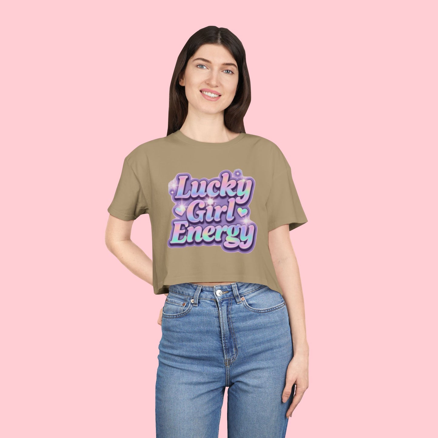 Lucky Girl Energy Crop Tee - Pastel Retro Graphic Women’s Top