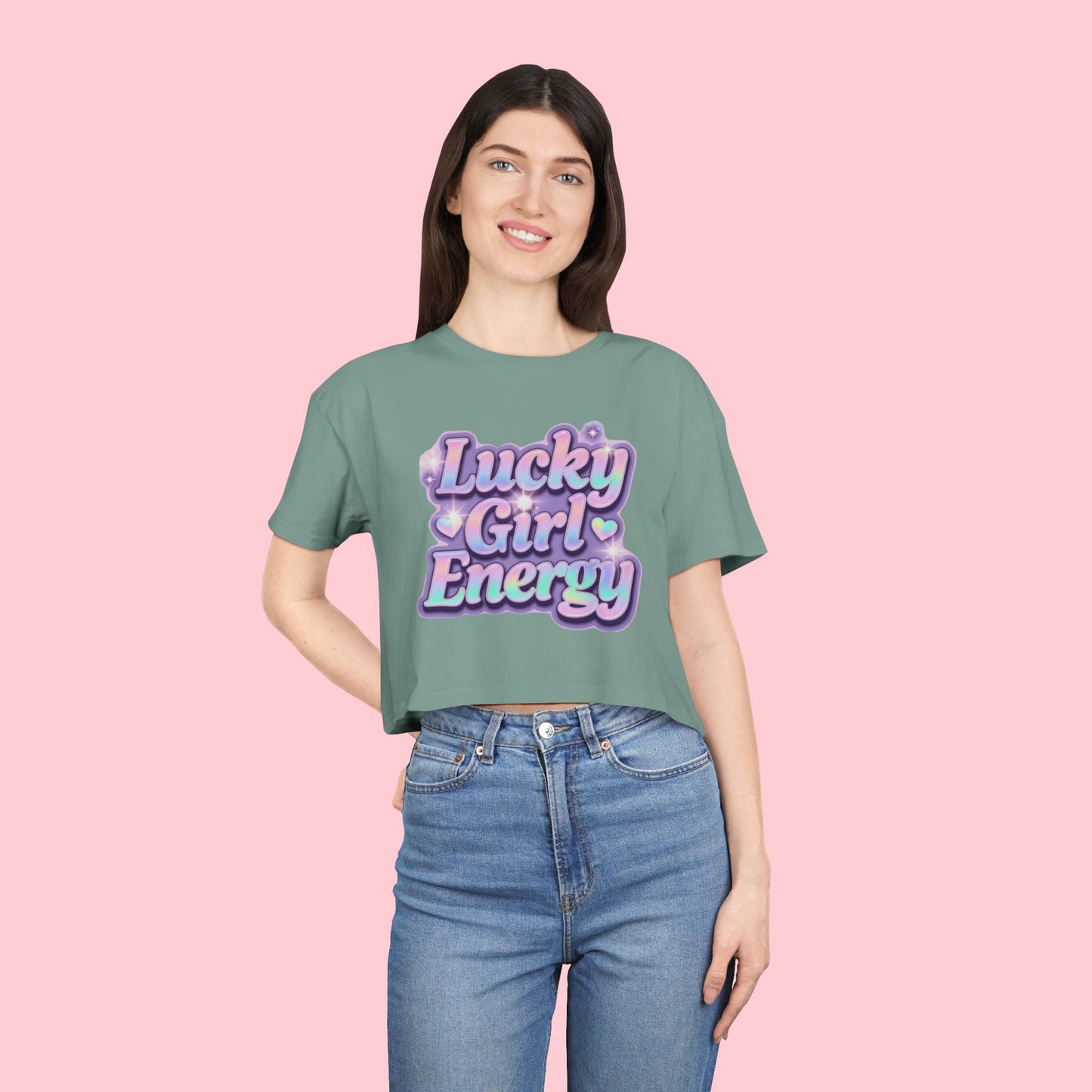 Lucky Girl Energy Crop Tee - Pastel Retro Graphic Women’s Top