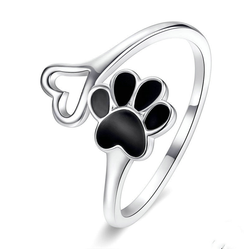 Cute Dog Paw Print S925 Sterling Silver Ring, Platinum-Plated Pet Lover Jewelry