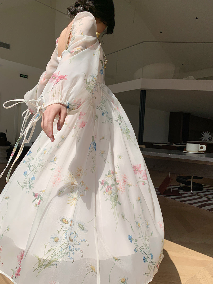 “Flower Rain in the Forest” Organza Long-Sleeve Dress