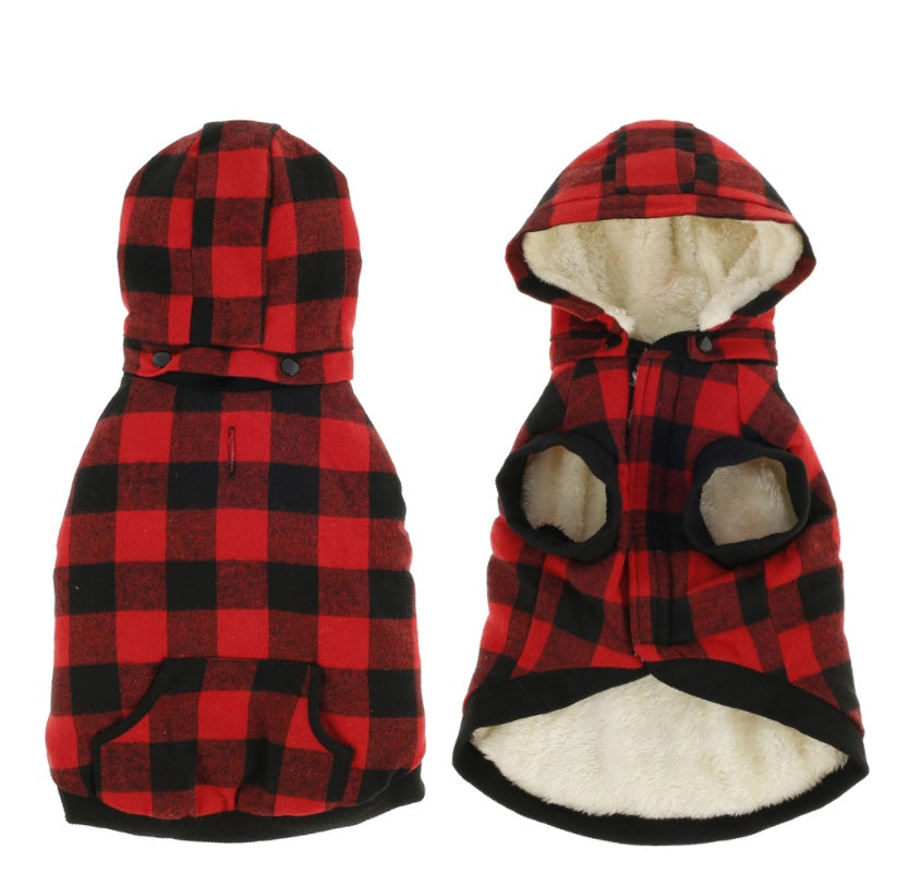 Autumn & Winter Plaid Pet Coat, Thickened Dog Clothing with Detachable Hat