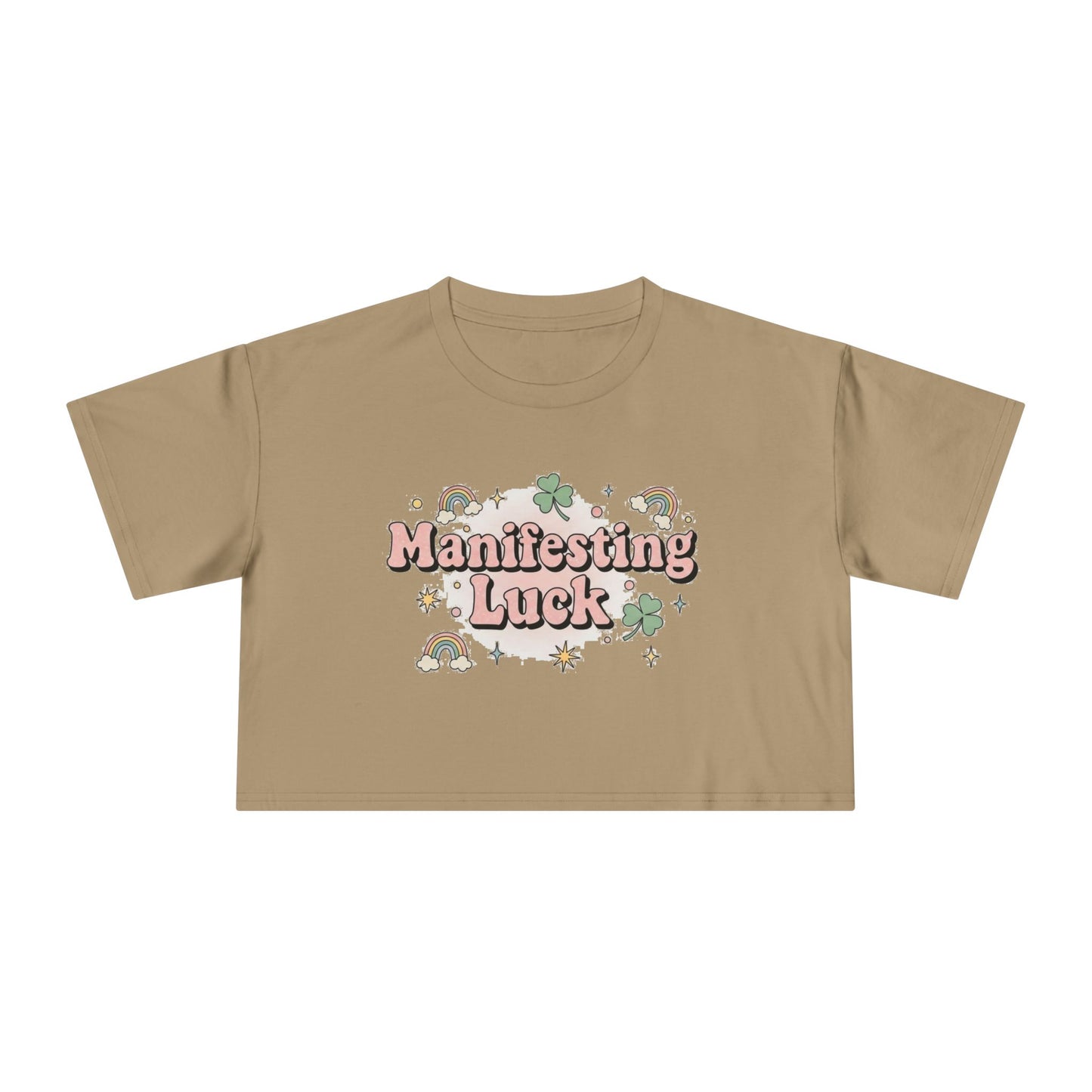 Manifesting Luck Crop Tee - Cute St. Patrick’s Day Clover & Rainbow Women's Top