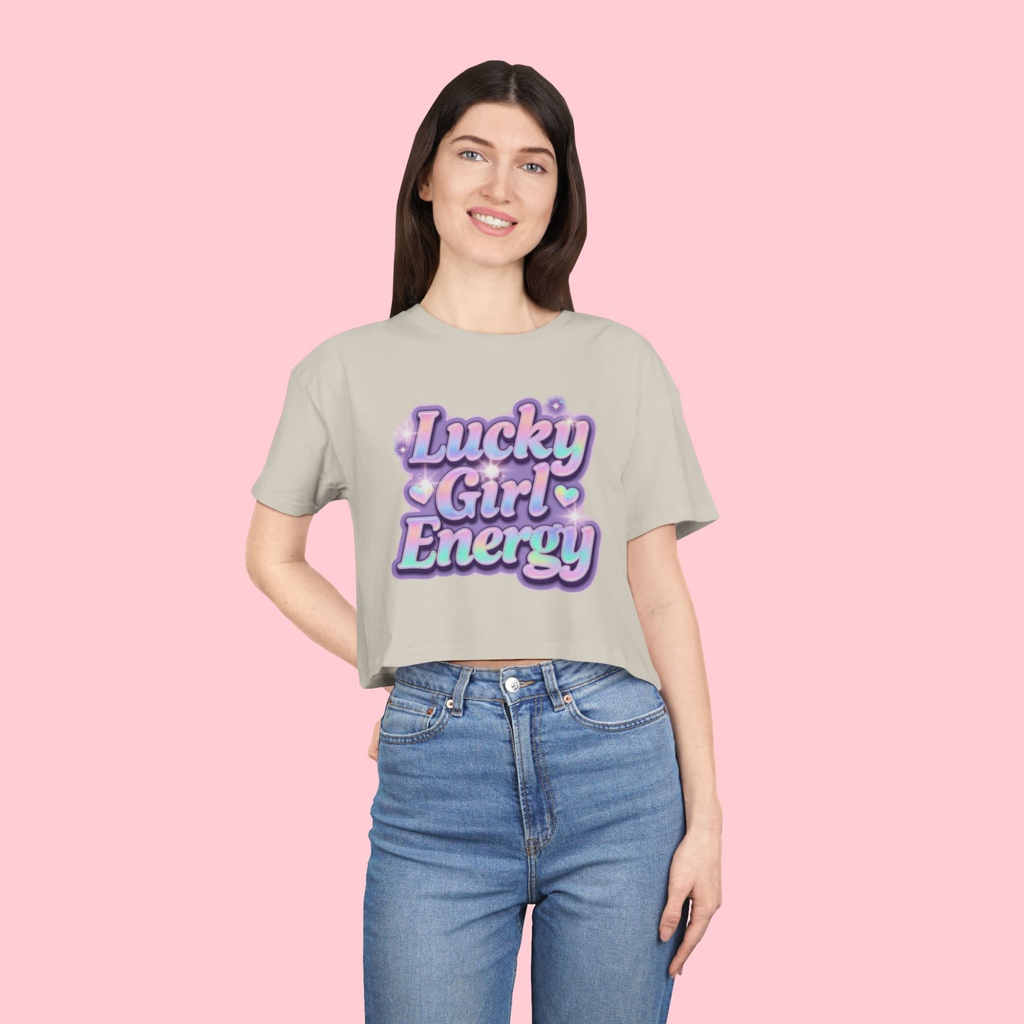 Lucky Girl Energy Crop Tee - Pastel Retro Graphic Women’s Top