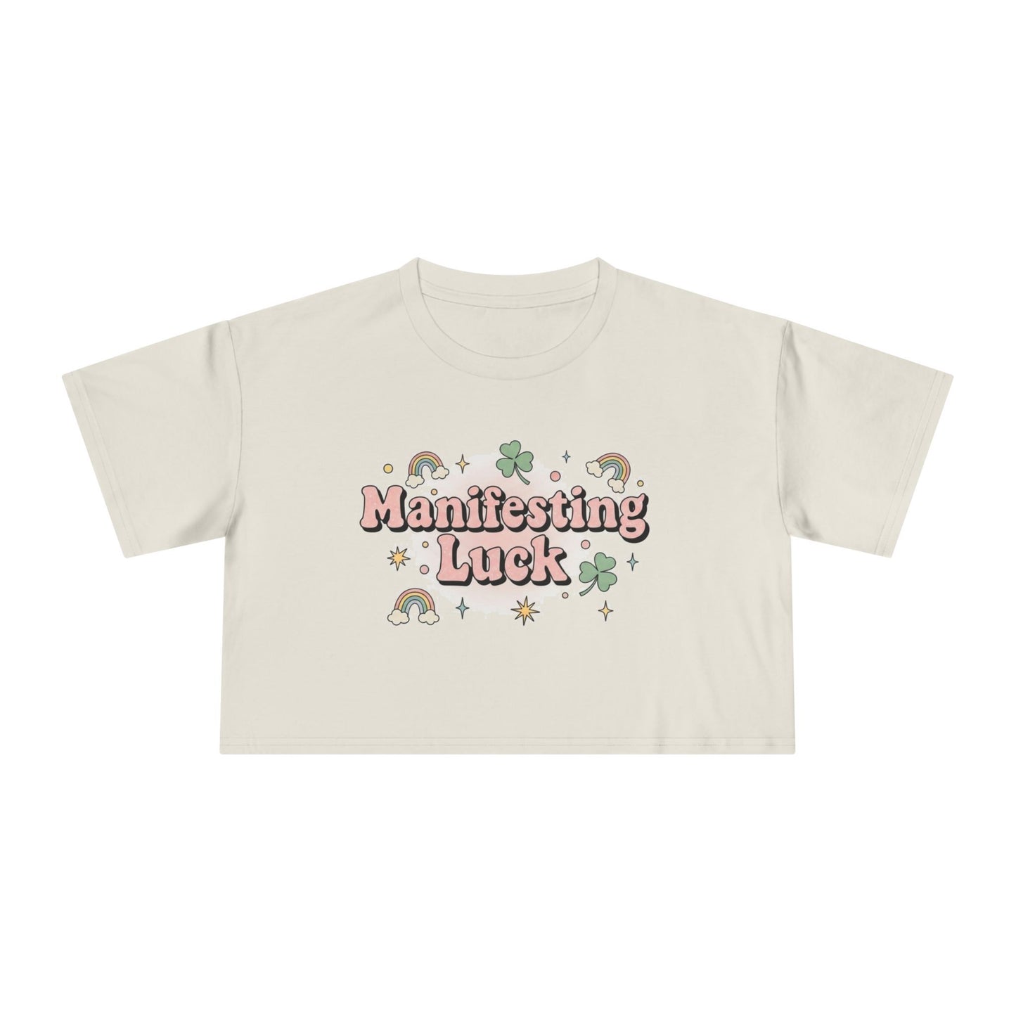 Manifesting Luck Crop Tee - Cute St. Patrick’s Day Clover & Rainbow Women's Top
