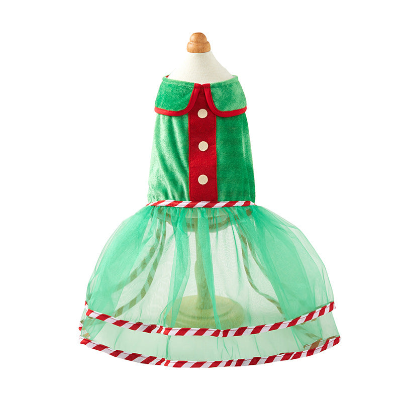 Pet Green Gauze Skirt & Hat Set, Cute Holiday Clothing for Dogs (Christmas Outfit)