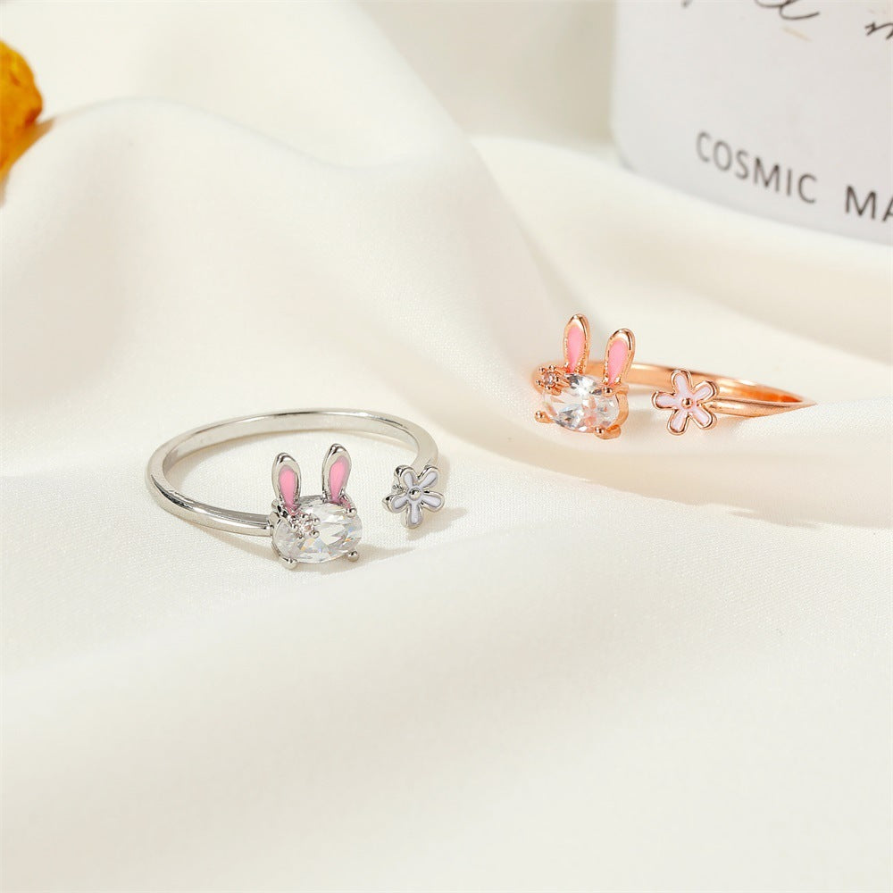 Beautiful Girl Heart Flower Ring, Cute Bunny Ring with Inlaid Gems (Women’s)
