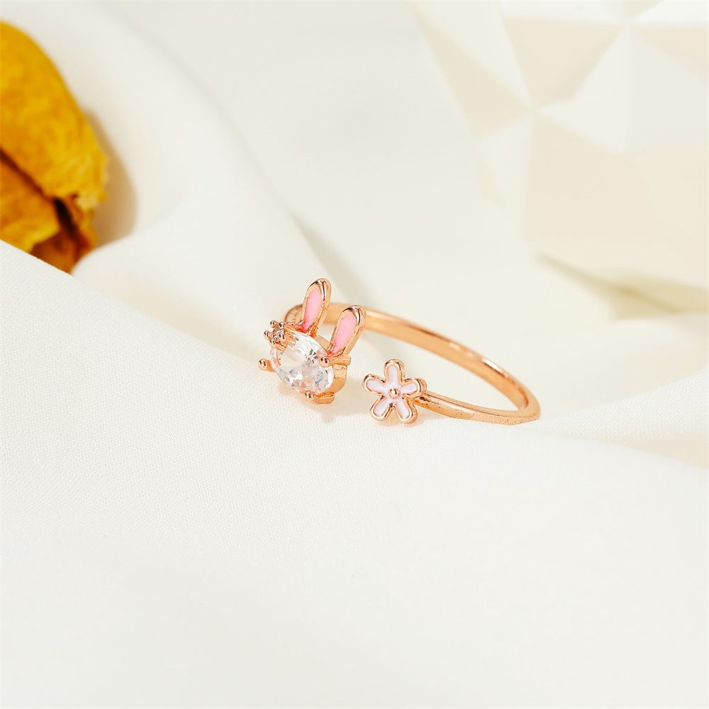 Beautiful Girl Heart Flower Ring, Cute Bunny Ring with Inlaid Gems (Women’s)
