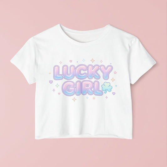 Lucky Girl Crop Top - Pastel Festival Graphic Tee for Women