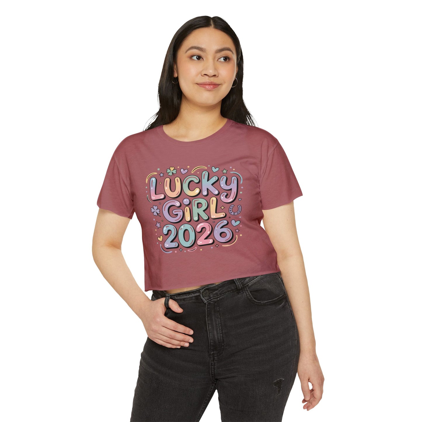 Lucky Girl 2026 Crop Top | Cute Pastel Festival Tee