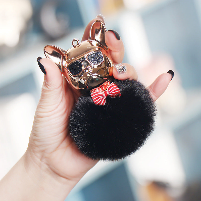 French Fighting Dog Car Ornament, Cute Dog Keychain Hair Ball Bag Pendant