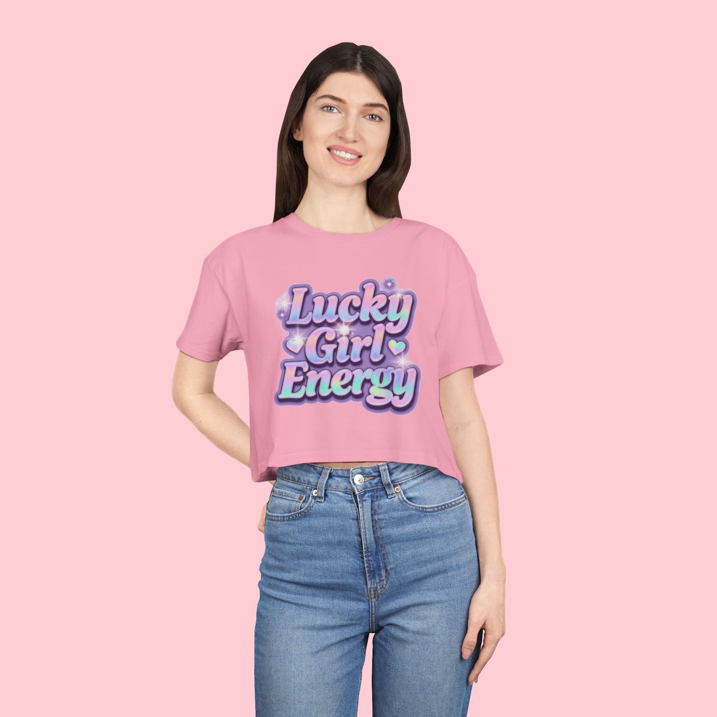 Lucky Girl Energy Crop Tee - Pastel Retro Graphic Women’s Top