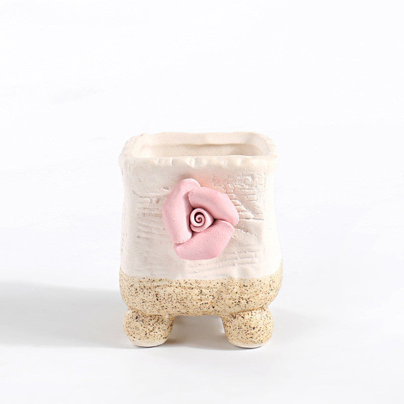 White Ceramic Animal Ornament with Tray, Dog, Cat & Hippo Decorative Planter (Small)