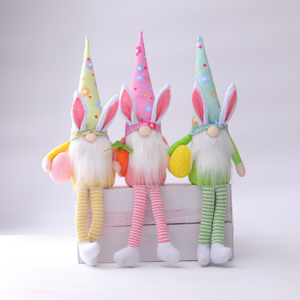 Easter Bunny Elf Holding Egg, Long-Legged Faceless Rabbit Gnome Plush Doll