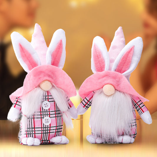 Pink-Eared Plaid Bunny Gnome Doll, Cute Spring Elf Ornament (Pink Couple Set Options)
