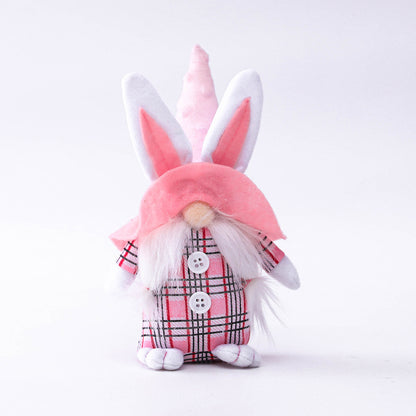 Pink-Eared Plaid Bunny Gnome Doll, Cute Spring Elf Ornament (Pink Couple Set Options)