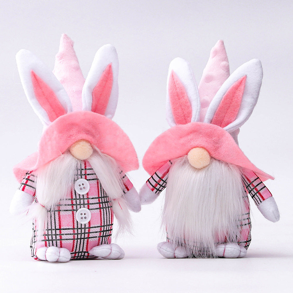Pink-Eared Plaid Bunny Gnome Doll, Cute Spring Elf Ornament (Pink Couple Set Options)