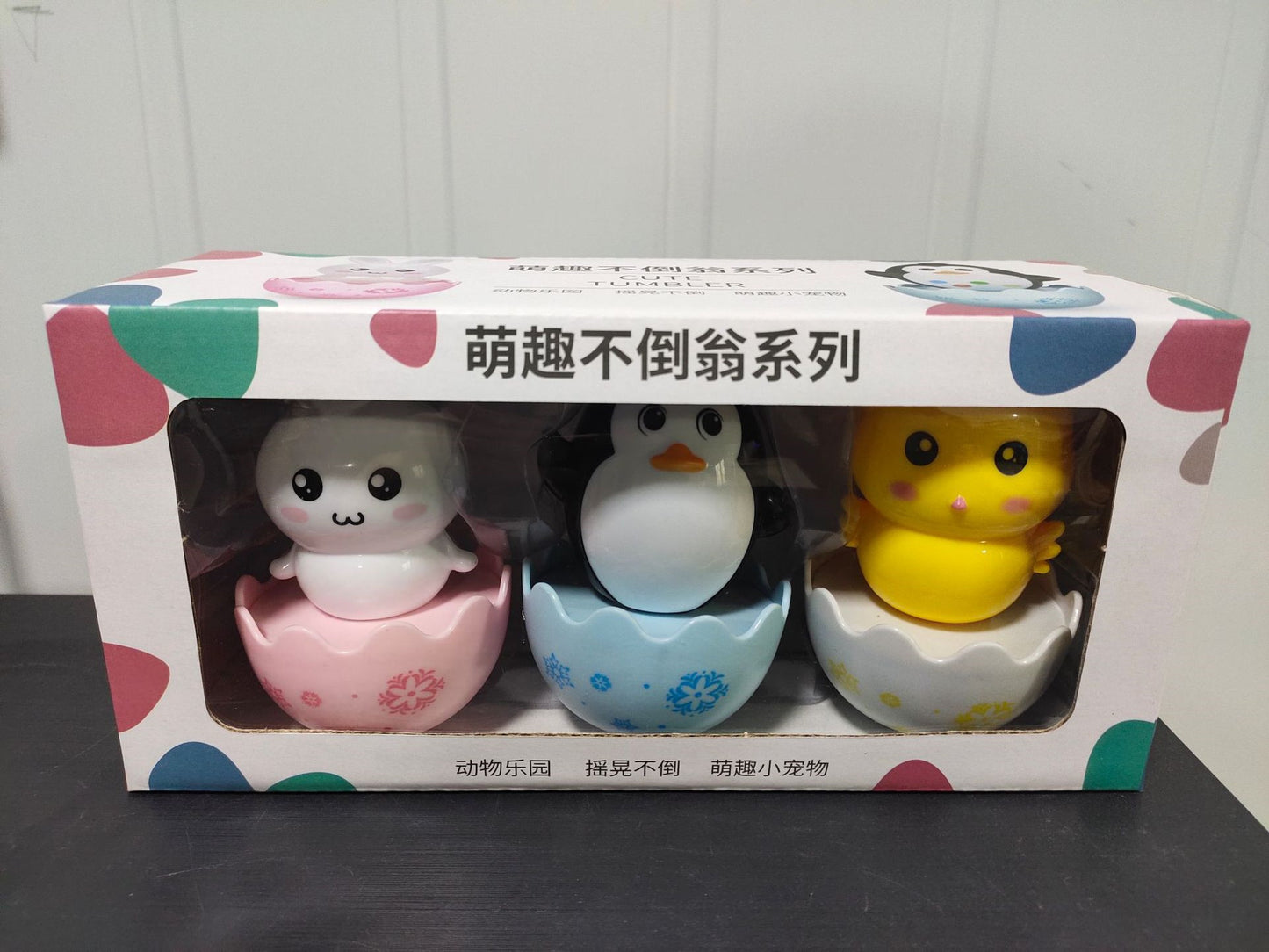 Wobble Fun: Baby Cartoon Mini Tumbler Toy Set (Penguin, Rabbit, Chicken) for Interactive Play.