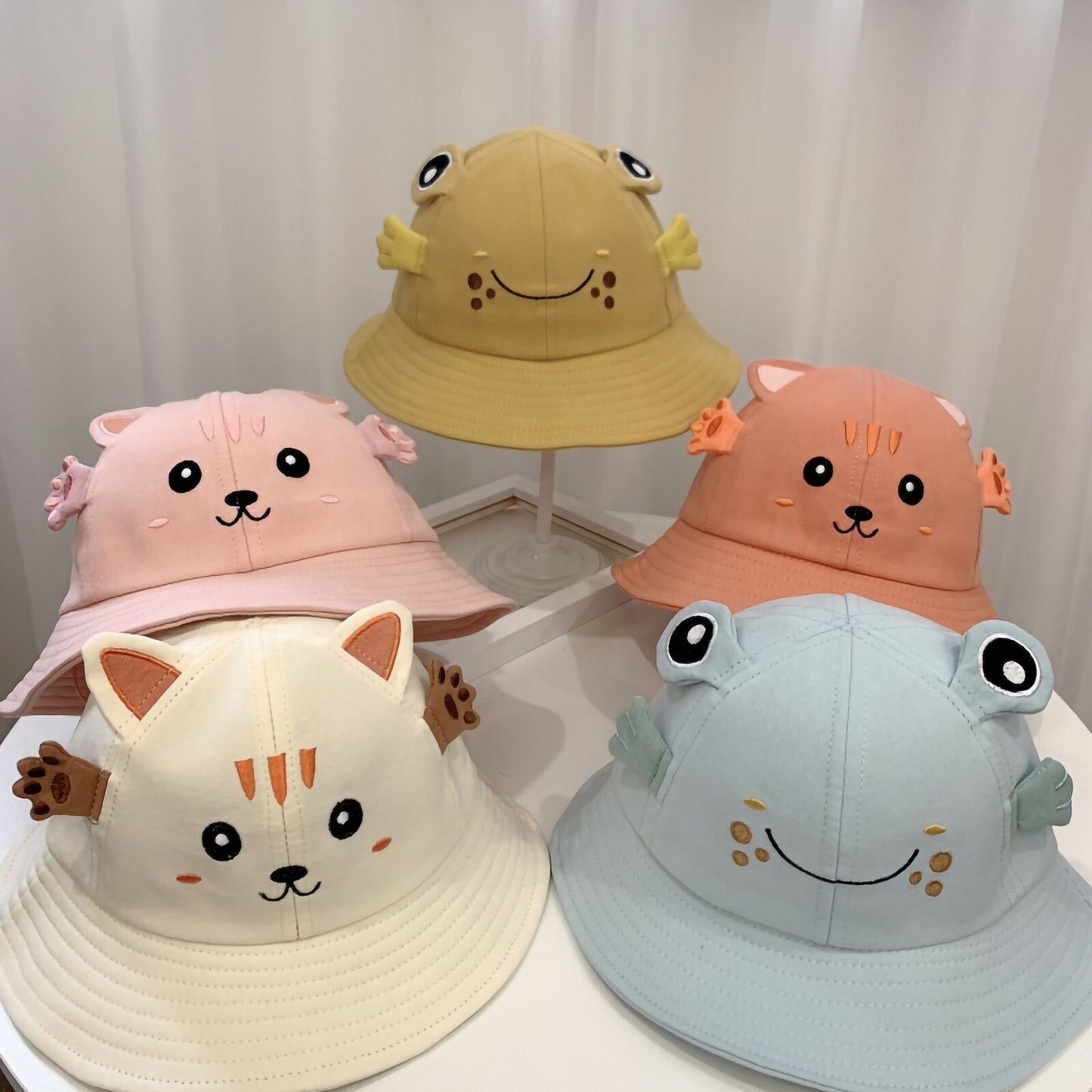 Kitten & Frog Sun Hat – Cute Small Pot Fisherman Hat for Babies & Kids
