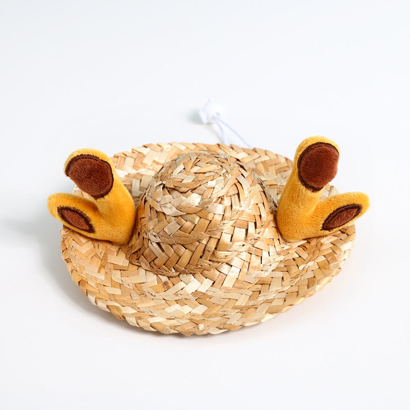 Summer Style: Cute Pet Sunscreen Straw Hat with Frog or Antler Ears (General Purpose).