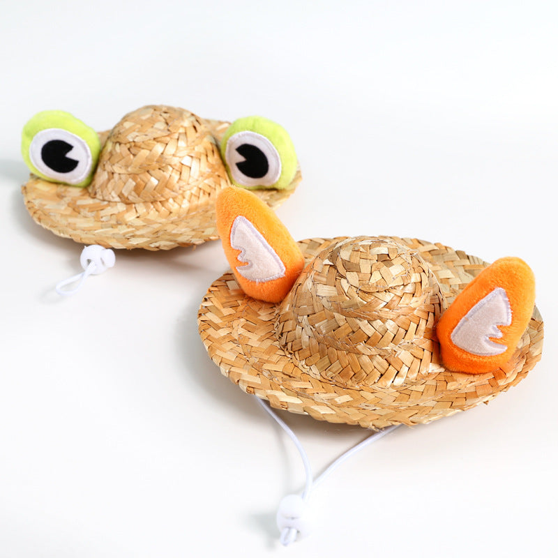 Summer Style: Cute Pet Sunscreen Straw Hat with Frog or Antler Ears (General Purpose).