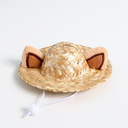 Summer Style: Cute Pet Sunscreen Straw Hat with Frog or Antler Ears (General Purpose).