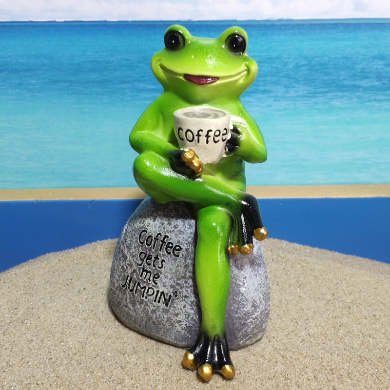 Relaxed Resin Figurine: Frog Statue Drinking Coffee (15.5cm Tall) for Garden Decor.