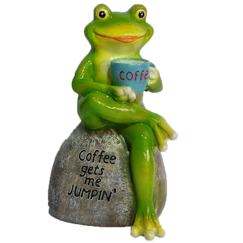 Relaxed Resin Figurine: Frog Statue Drinking Coffee (15.5cm Tall) for Garden Decor.