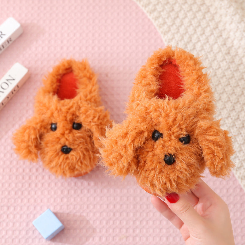 Children’s Teddy Dog Fur Slippers, Cute Winter Cotton Indoor Shoes for Girls & Boys