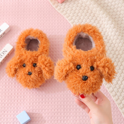 Children’s Teddy Dog Fur Slippers, Cute Winter Cotton Indoor Shoes for Girls & Boys
