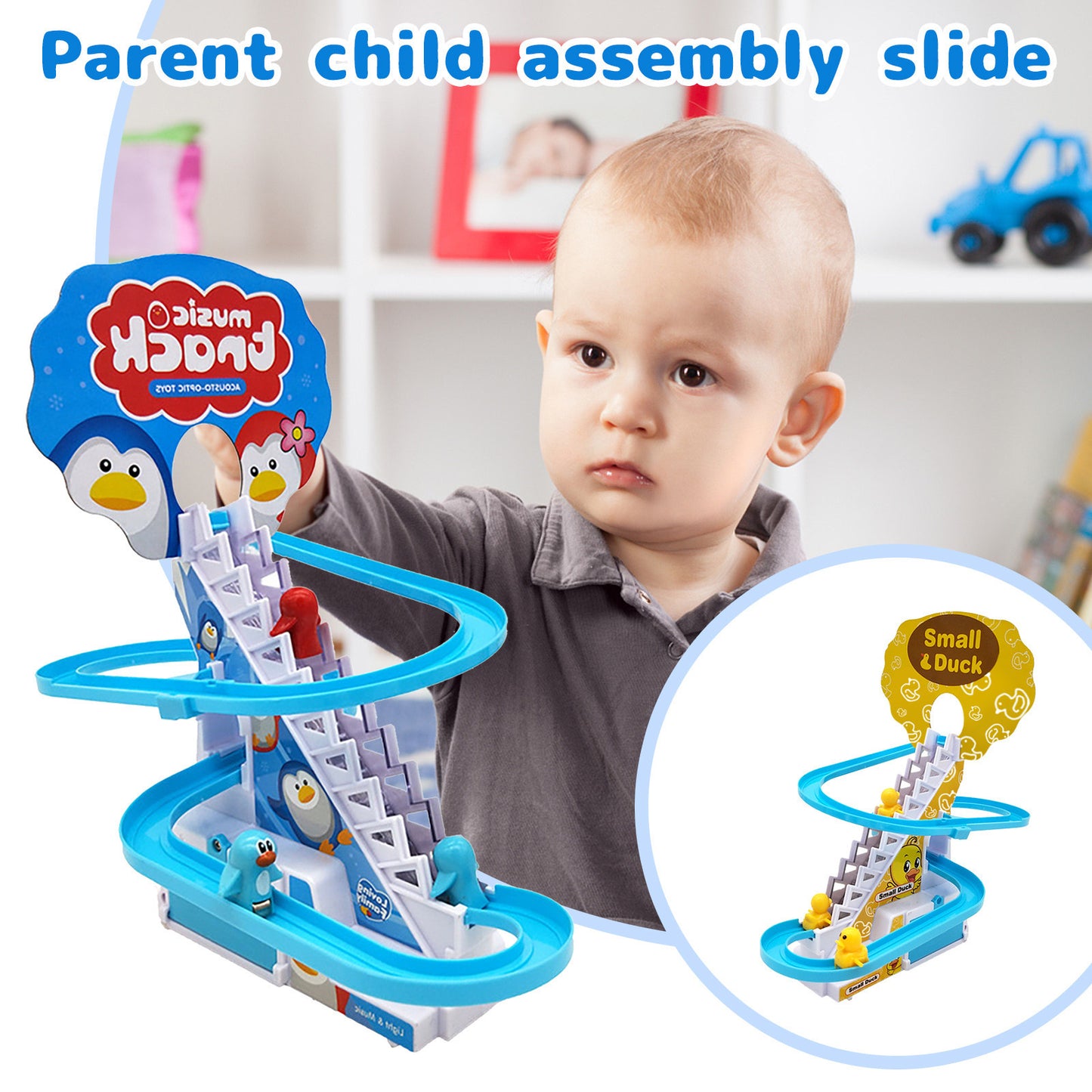 Musical Fun: Little Duck / Penguin Automatic Climbing Stairs Toy (Lights, Music, USB/Battery).