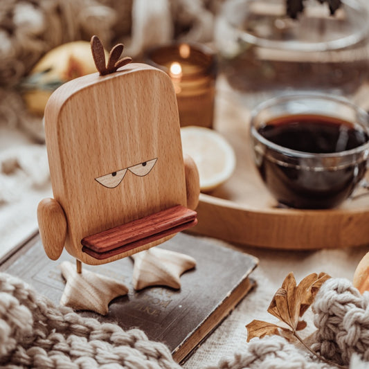 Quirky Perch: Big Face Duck Creative Wooden Mobile Phone Stand (Beech or Walnut).