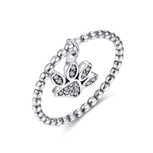 S925 Sterling Silver Dog Footprint Ring, Cute Zircon Paw Print Jewelry for Women