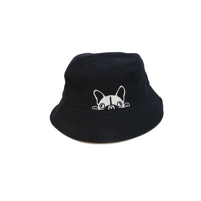 Fashion Casual Dog Embroidered Fisherman Hat, Wide-Brim Cotton Bucket Hat