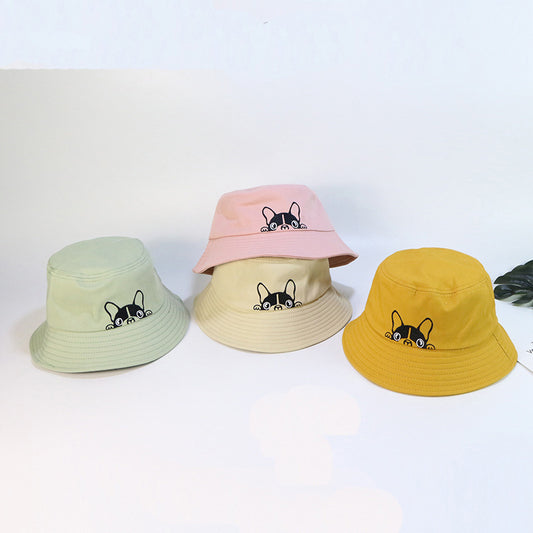 Fashion Casual Dog Embroidered Fisherman Hat, Wide-Brim Cotton Bucket Hat