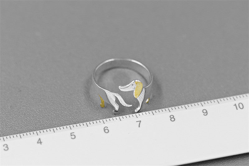 S925 Sterling Silver Dachshund Ring, Cute Cartoon Dog Jewelry for Women