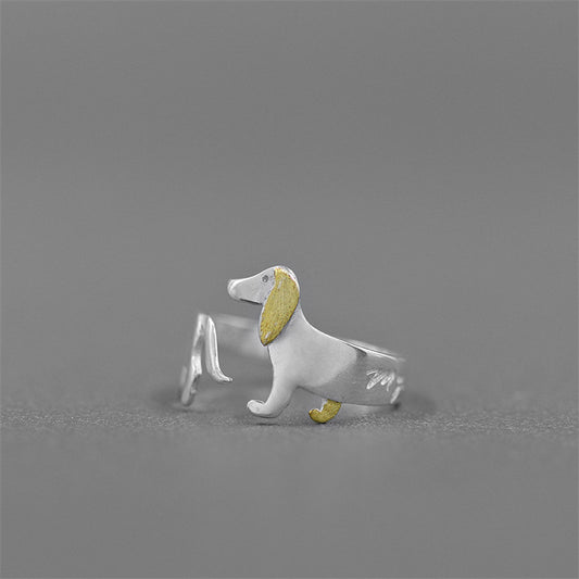 S925 Sterling Silver Dachshund Ring, Cute Cartoon Dog Jewelry for Women