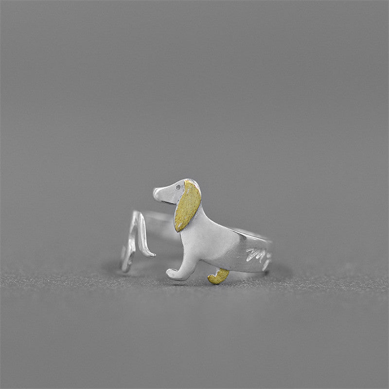 S925 Sterling Silver Dachshund Ring, Cute Cartoon Dog Jewelry for Women