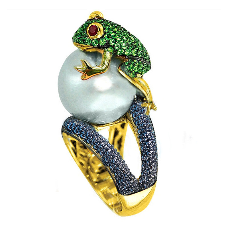Copper-Plated 18K Gold Color-Block Frog Ring – Golden Toad Beaded Zircon Ring (Unisex)