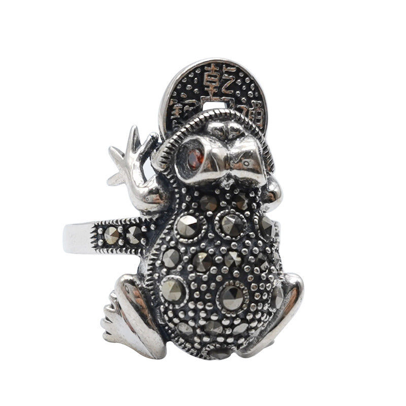 Vintage Wealth: Adjustable $\mathbf{S925}$ Silver Maxai Gold Cicada Frog Ring ($\mathbf{6.5\text{g}}$).