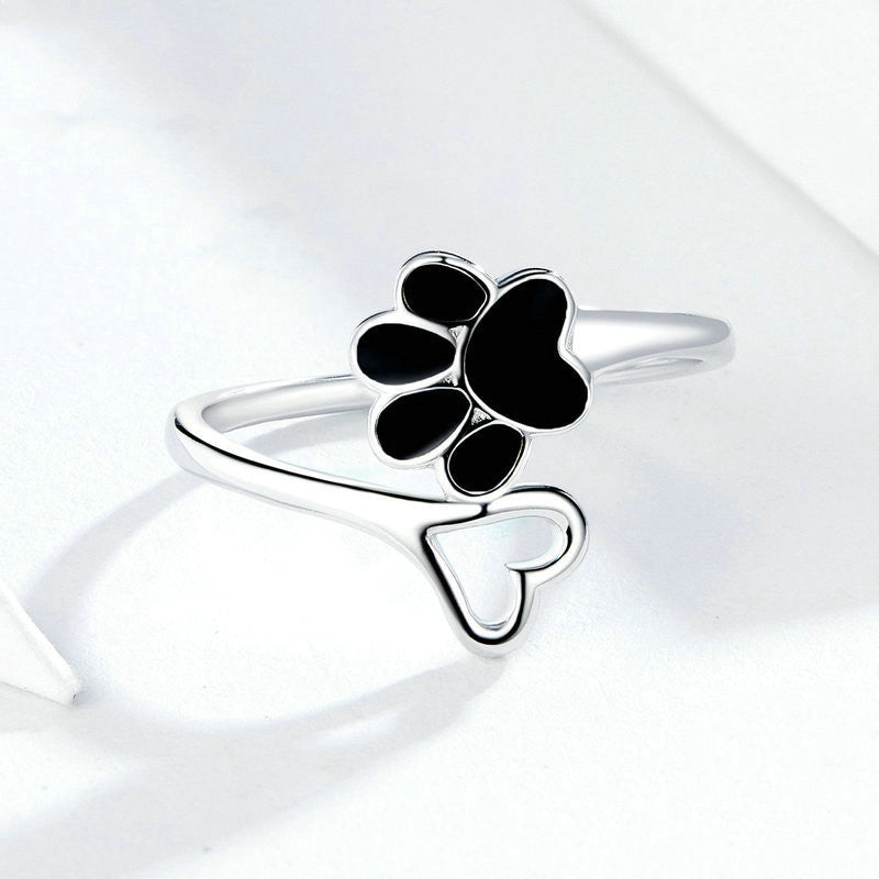 Cute Dog Paw Print S925 Sterling Silver Ring, Platinum-Plated Pet Lover Jewelry