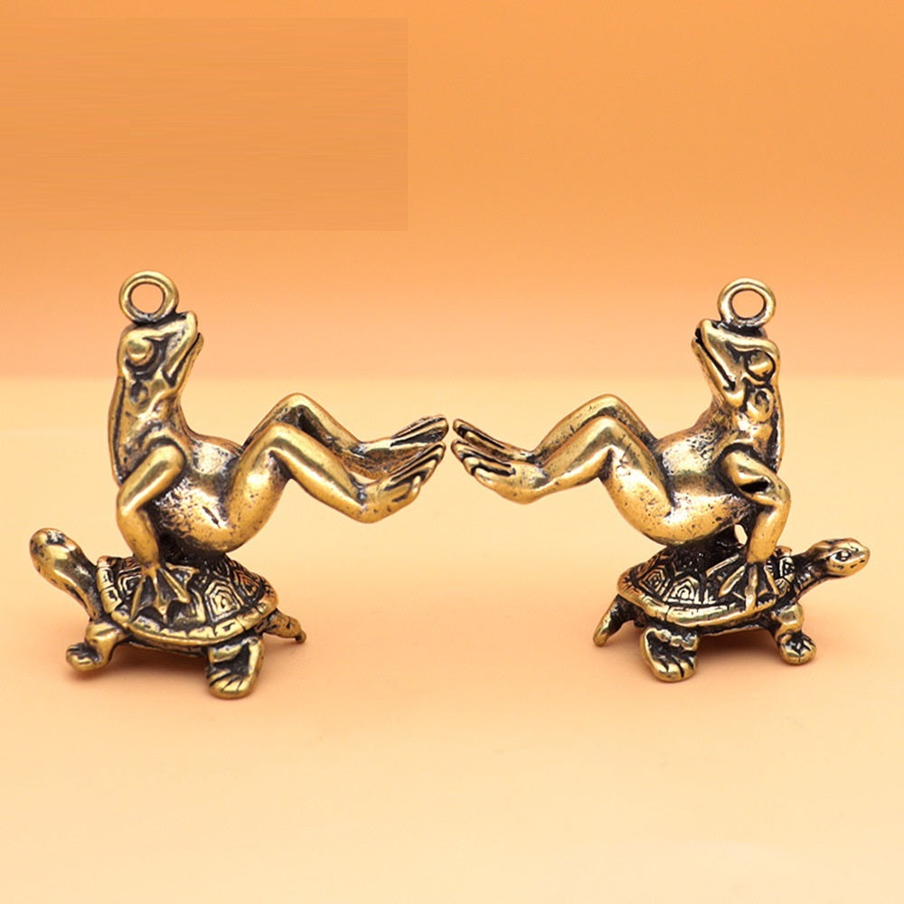 Double Luck: Retro Brass Turtle & Frog Pendant Keychain Ornament.