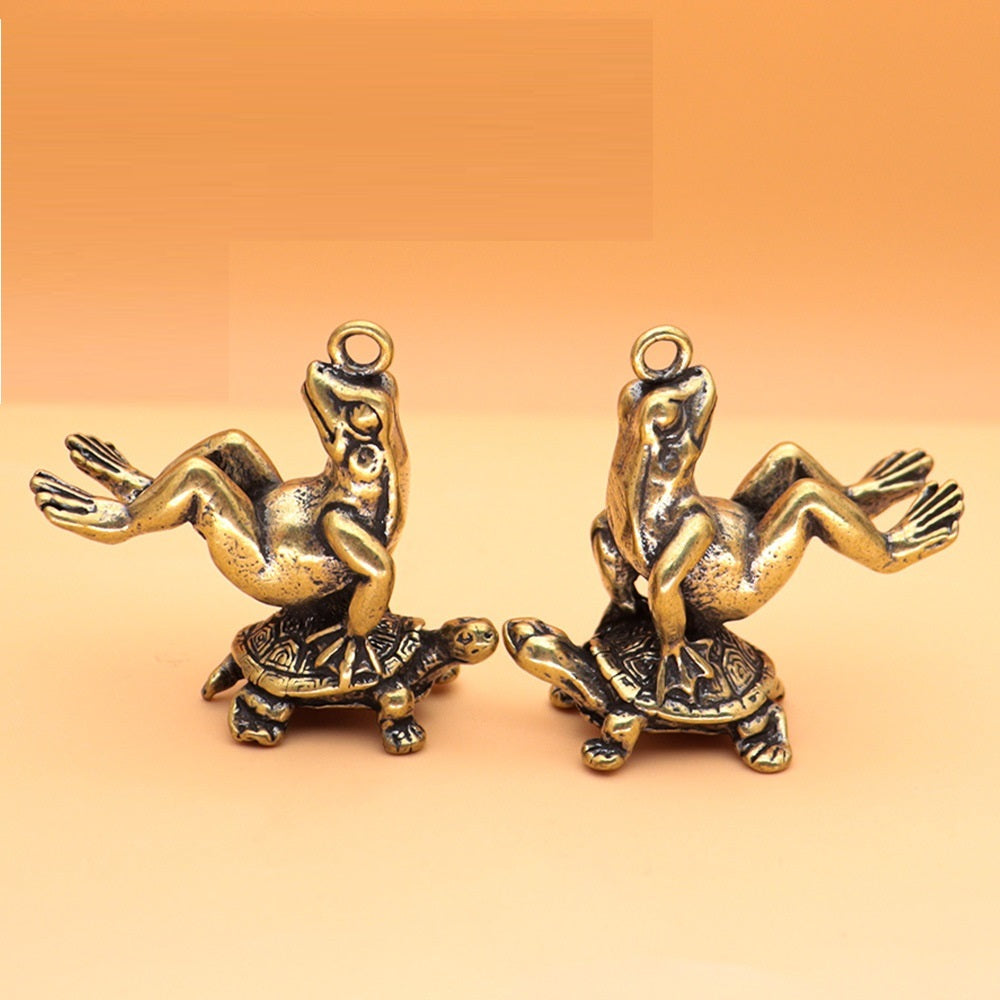 Double Luck: Retro Brass Turtle & Frog Pendant Keychain Ornament.