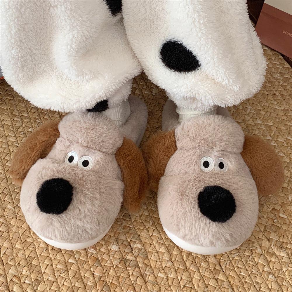 Dog Plush Toe Cap Cotton Slippers for Women, Cute Non-Slip Indoor Winter Home Shoes