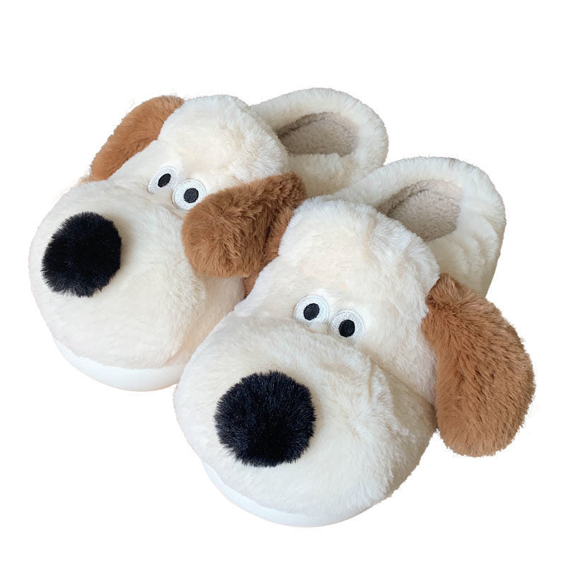 Dog Plush Toe Cap Cotton Slippers for Women, Cute Non-Slip Indoor Winter Home Shoes