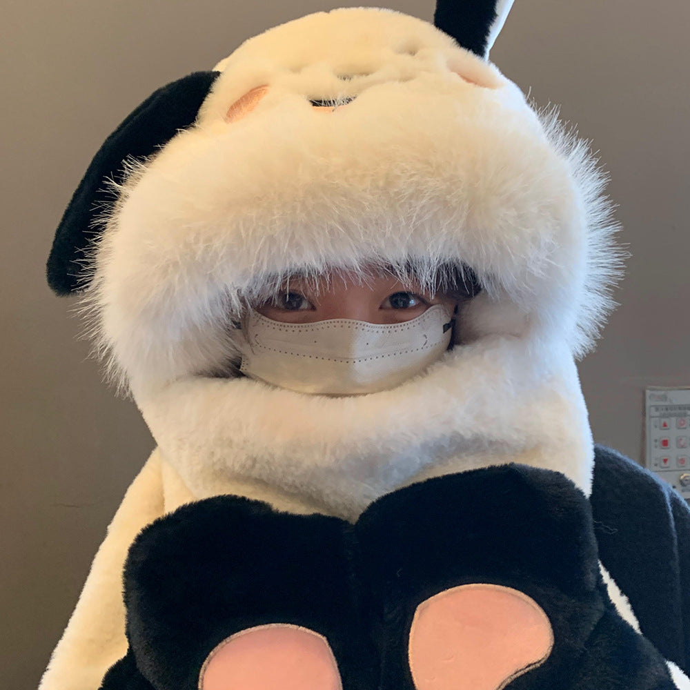 Cute Dog Winter Fleece Hat with Integrated Scarf & Gloves, Thickened Warm Cartoon Pet Accessory