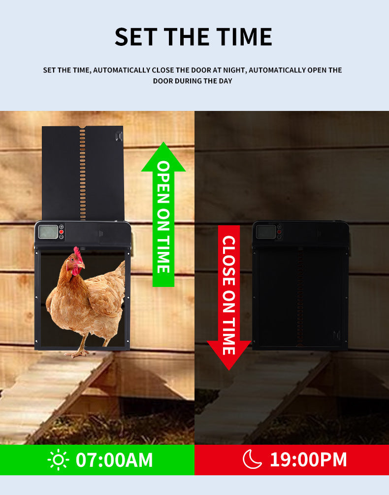 Smart Security: Automatic Chicken Coop Door with Display and Programmable Timing (Black, Plastic).