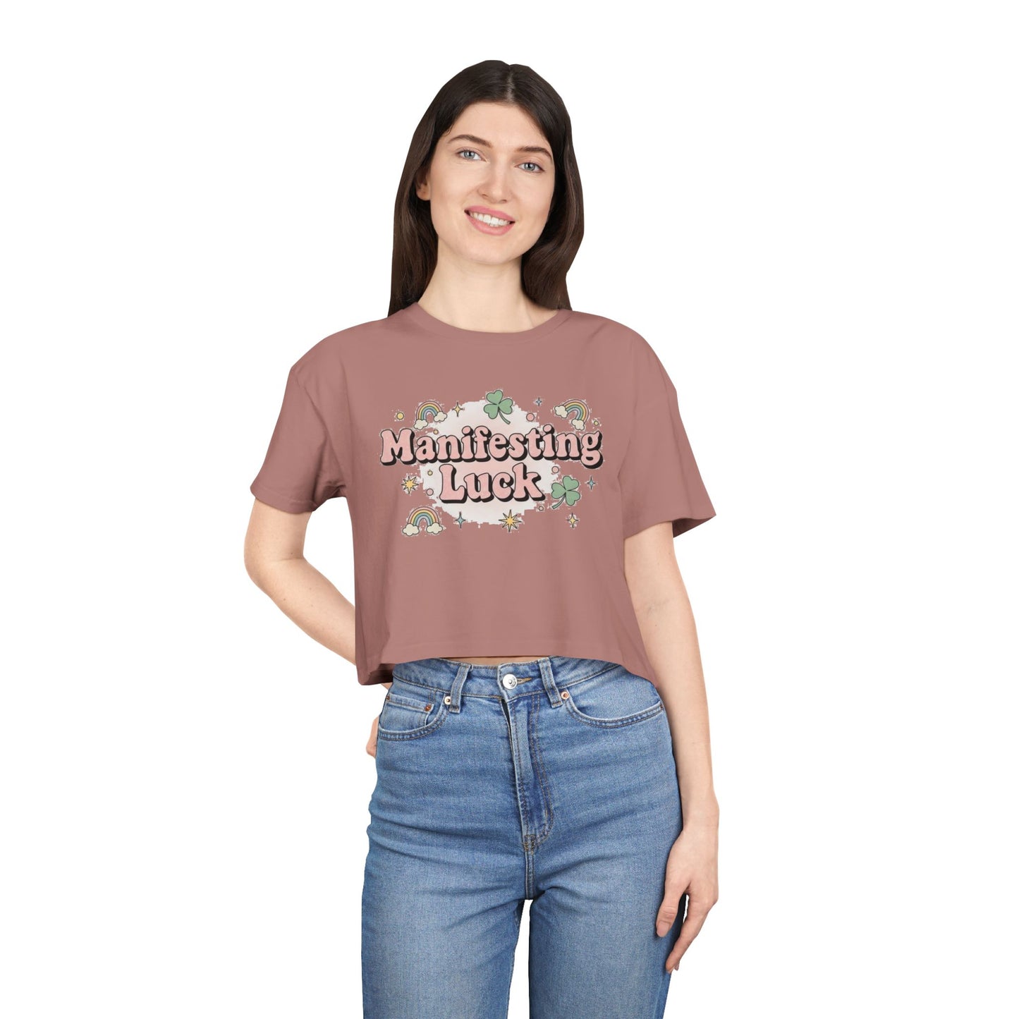 Manifesting Luck Crop Tee - Cute St. Patrick’s Day Clover & Rainbow Women's Top