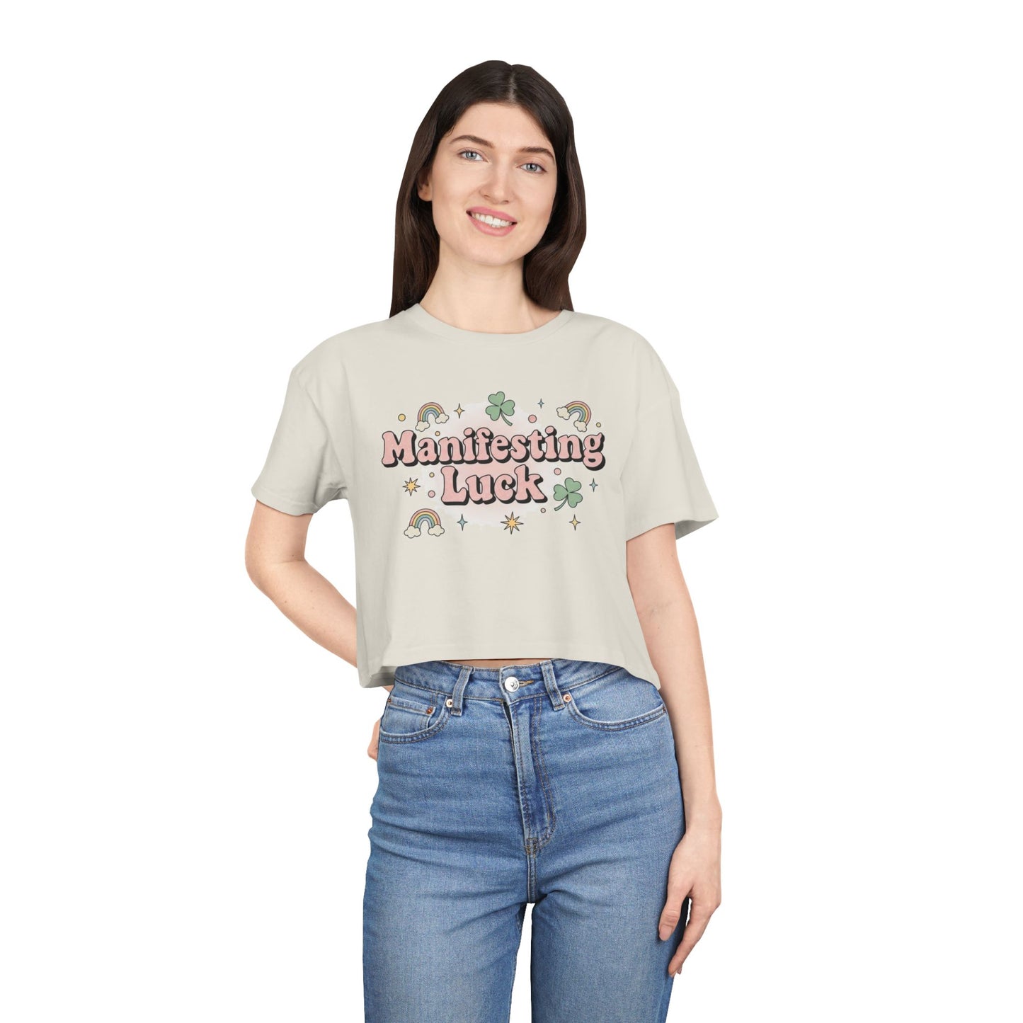 Manifesting Luck Crop Tee - Cute St. Patrick’s Day Clover & Rainbow Women's Top