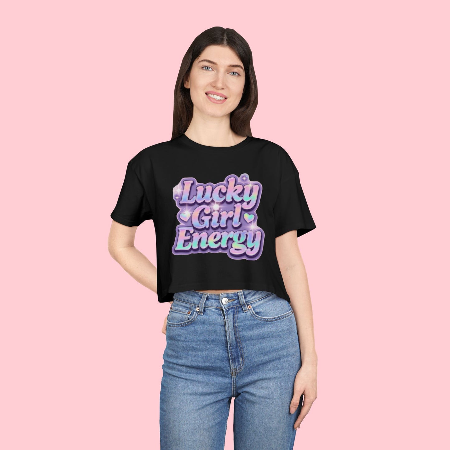 Lucky Girl Energy Crop Tee - Pastel Retro Graphic Women’s Top